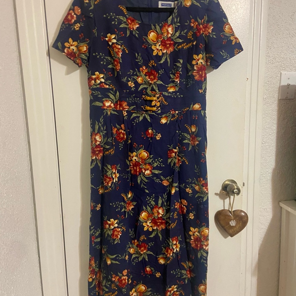 Vintage Prophecy Sag Harbor Navy Floral Sheath dress Women’s 14 Linen | Rayon